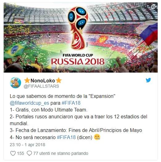 Tweet sull'ipotetico arrivo del gioco dei Mondiali di calcio in Russia 2018
