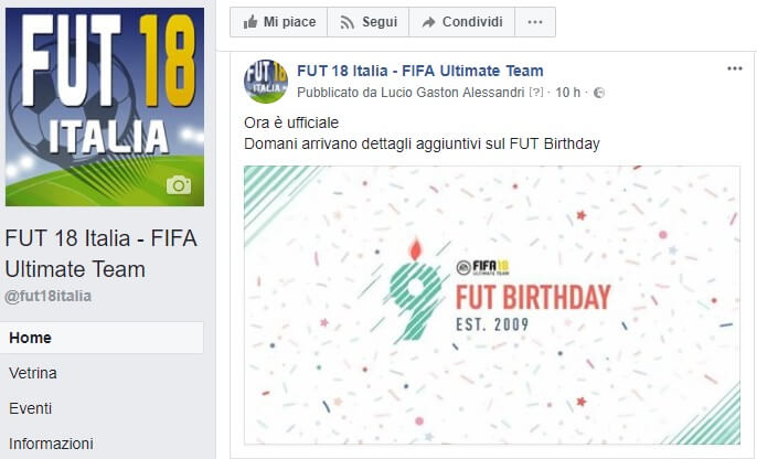 Pagina Facebook di FUT 18 italia, l'evento del FUT Birthday è in arrivo