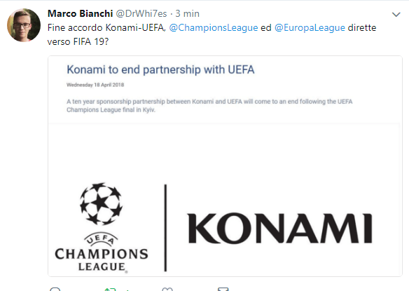 Tweet di DrWhi7es, termina l'accordo fra UEFA e Konami
