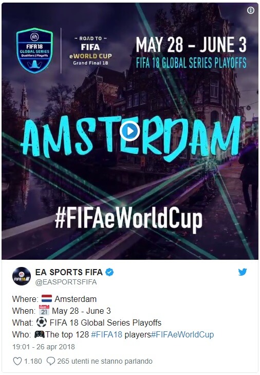 Tweet di EA Sports che comunica la location del Mondiale eSports