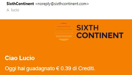 Prova via mail del guadagno di crediti giornalieri da SixthContinent