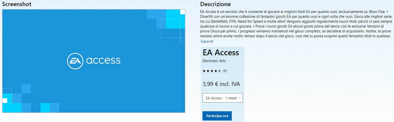 Prezzi e condizioni di EA Access per XBOX One