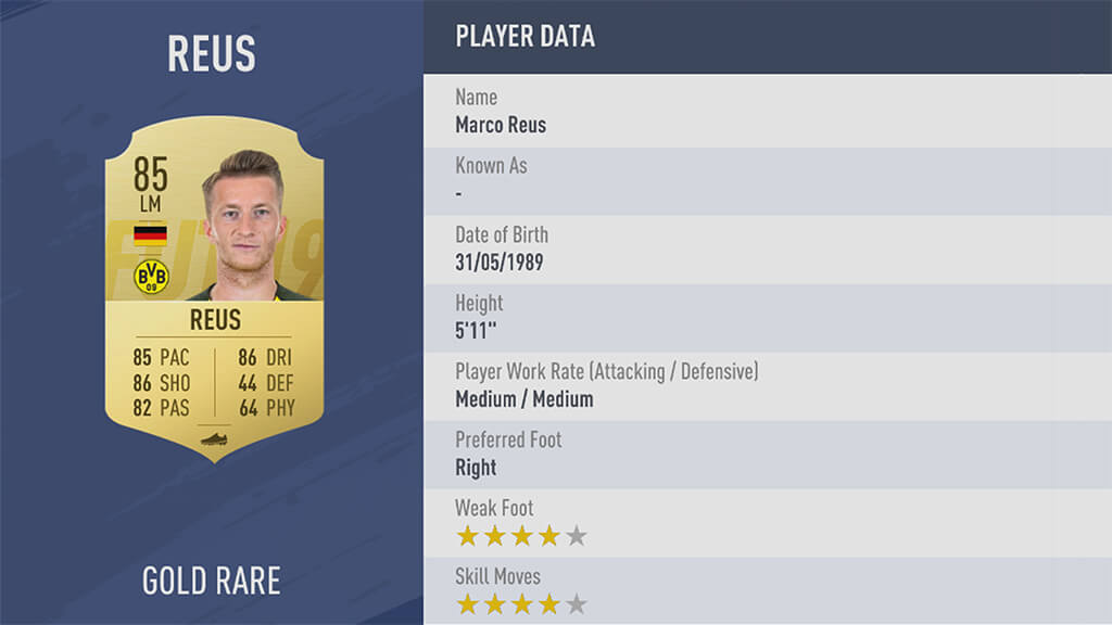 Reus, rating di 85 in FIFA 19
