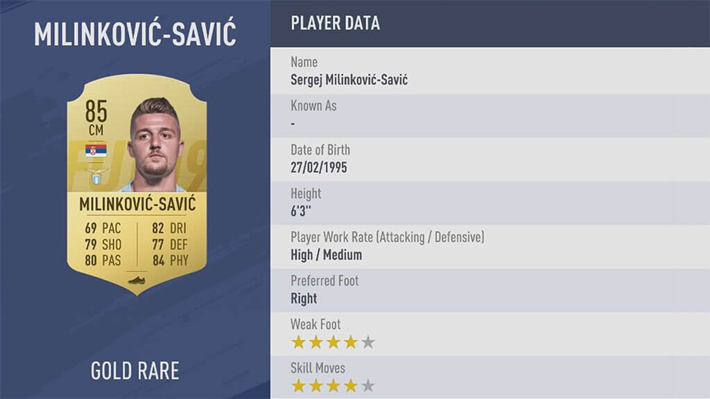 Milinkovic-Savic, rating di 85 in FIFA 19