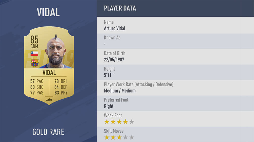 Vidal, rating di 85 in FIFA 19