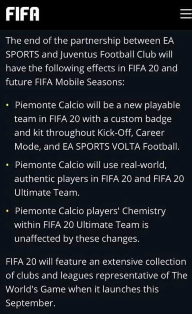 Piemonte Calcio sarà la Juventus in FIFA 20