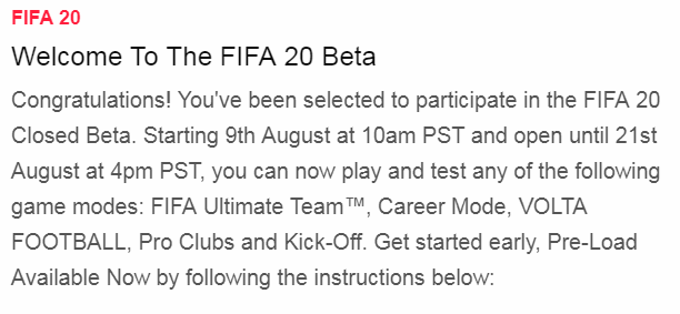 Mail di invito alla BETA di FIFA 20