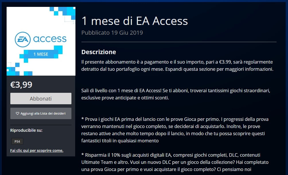 1 mese di EA Access su PSN Store