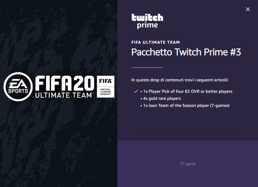 FIFA 20: pacchetto omaggio per clienti Twitch Prime disponibile dal 27 aprile
