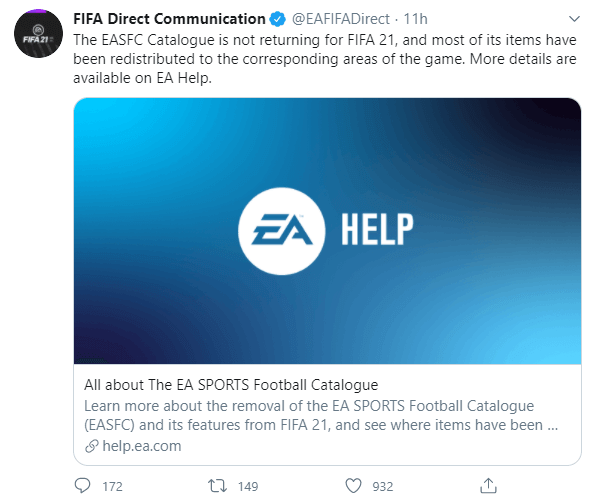 FIFA 21: tweet per l'eliminazione del catalogo oggetti EA