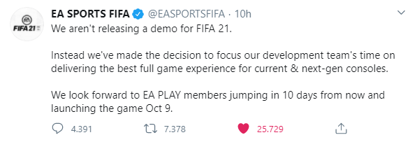 EA Sports tweet: niente DEMO per FIFA 21