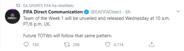 EA Sports tweet: il TOTW sarà annunciato e rilasciato alle 19 italiane di mercoledì