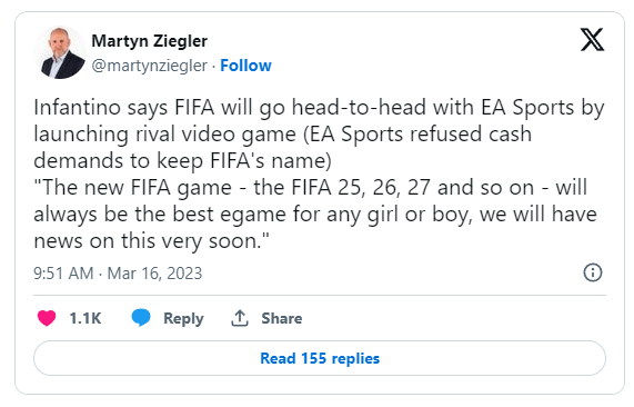 Tweet su Infantino ed il rilascio di un videogioco di FIFA 25