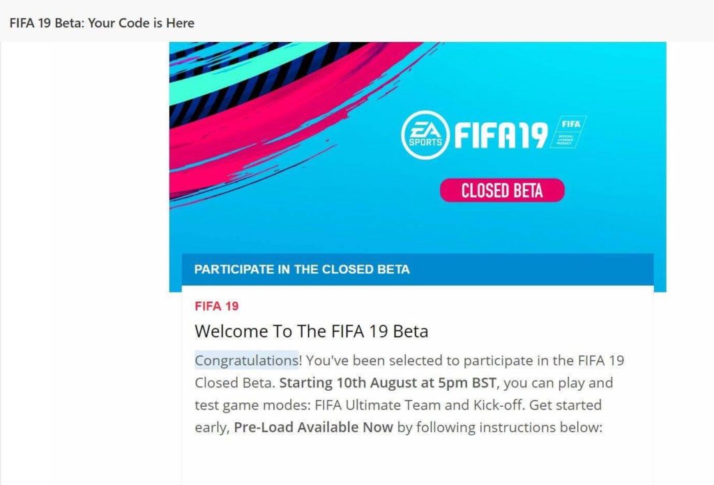 Mail di EA Sports che comunica l'invio del codice della BETA di FIFA 19