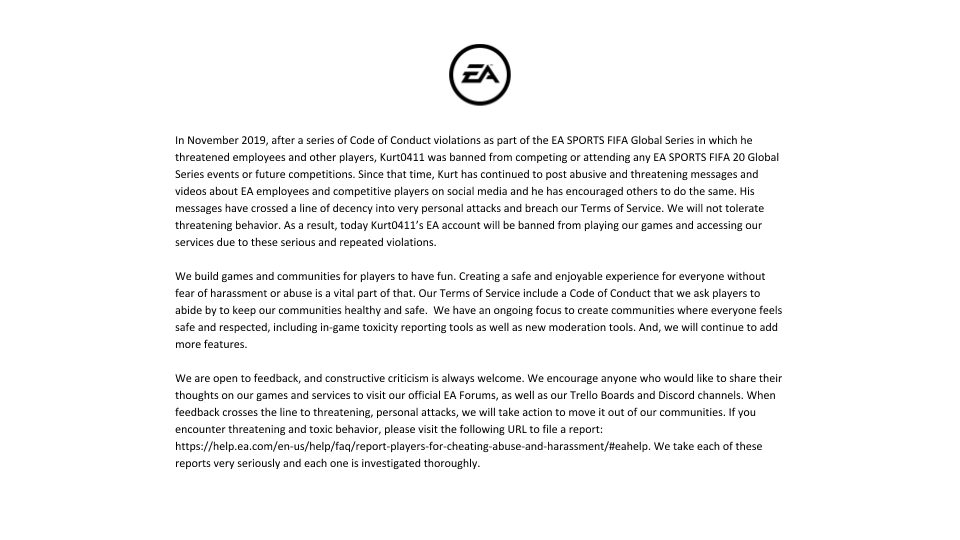Electronic Arts annuncia il ban permanente per Kurt0411