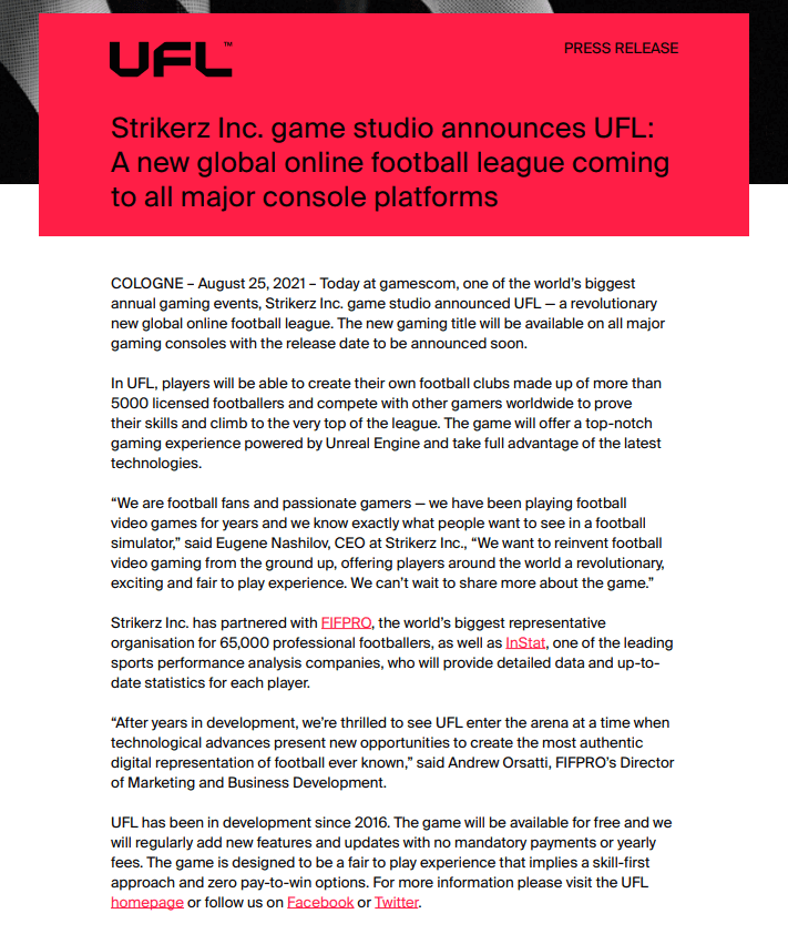UFL press release Gamescom 2021